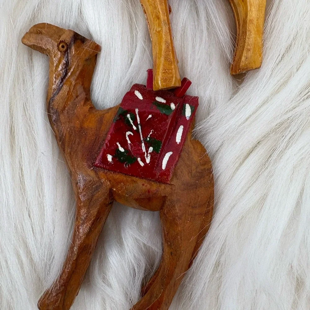Vintage Donkey &‎ Camel Train Figurines Hand Carved Olive Wood Jerusalem caravan